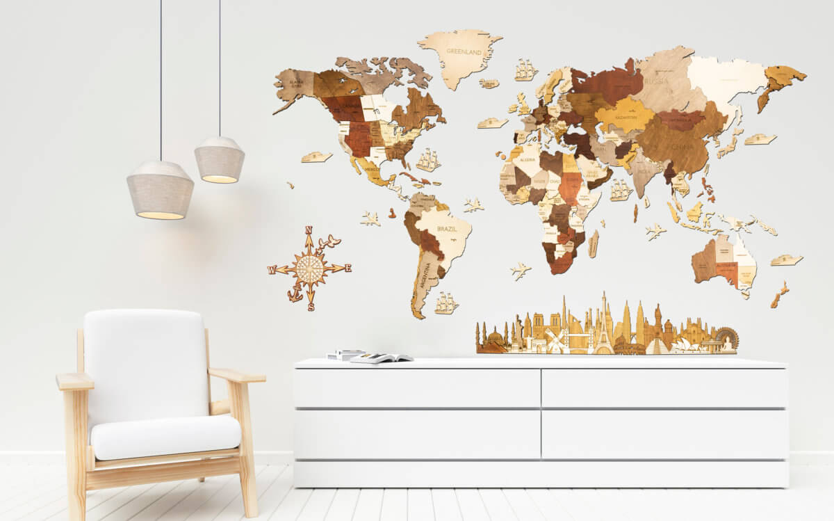 Nástěnná dřevěná mapa světa